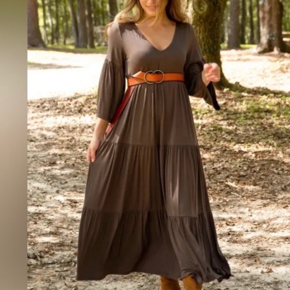 NWT NATURAL LIFE Maxi Dress Women's L/XL Brown Tiered V-Neck Bell Sleeve Boho - Picture 3 of 8